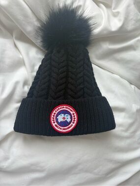 Canada Goose Black Cable Knit Pom Beanie with Logo Patch
